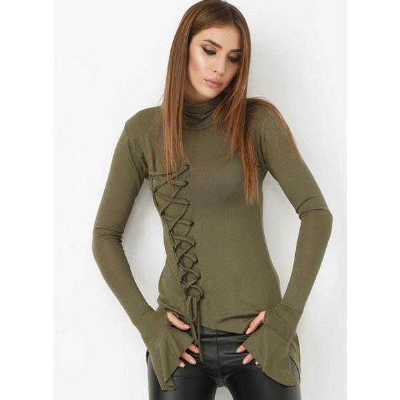 Bambina Mia Tops - Bambina Mia - Khaki Lace-Up Side Tail Top